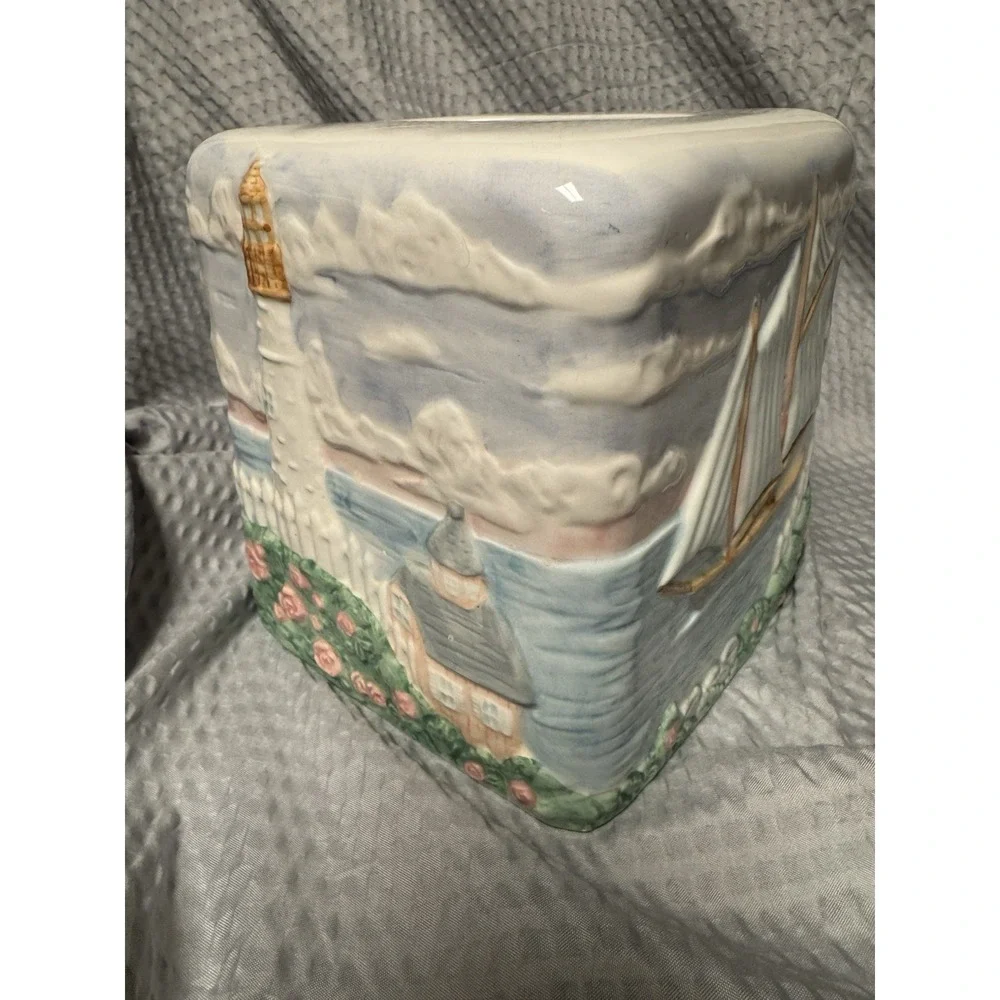Vintage 1980s Handpainted Ceramic‎ Tissue Box Cover Lighthouse Nautical